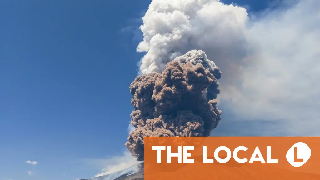 A large volcano erupting with a massive plume of ash against a blue sky.