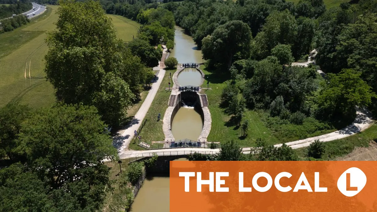 Aerial view of a waterway with a dam surrounded by trees and grass.