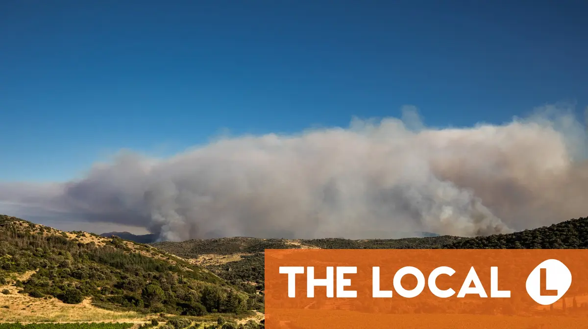 Smoke rises from a forested hillside under a blue sky with a logo in the corner.